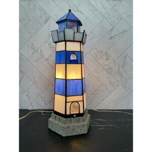 Tiffany Style Blue,white Glass Light House Lamp.17.5” H,base 6”.EUC